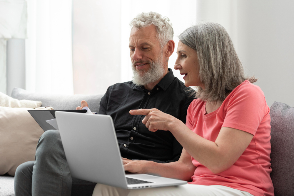 An older man and woman sit on a couch looking at a laptop together as they discuss their retirement plan, with the woman pointing at the screen and the man holding a tablet.